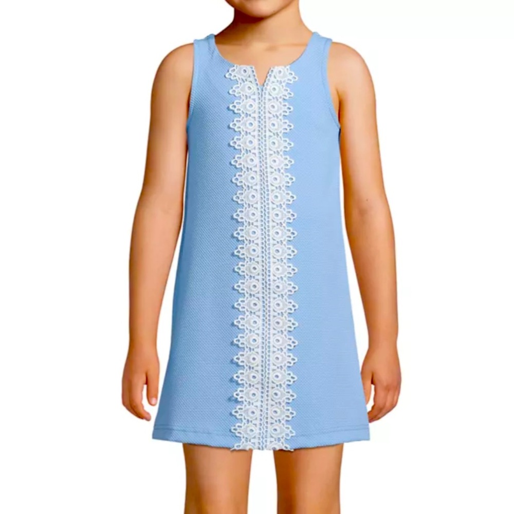 Pappagallo blue sleeveless white lace trim, front girls shift dress size small